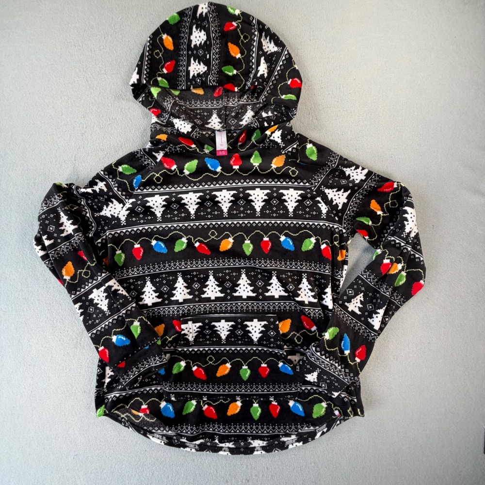 No Boundaries Girls XL 15-17 Christmas Fleece Hoodie Lights Trees Fair Isle Ugly